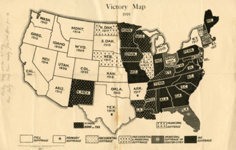 Victory Map 1919, depicting states having suffrage