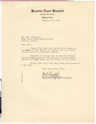 Letter from Margaret H. Bright to W. T. Sinclair, 1932 January 21