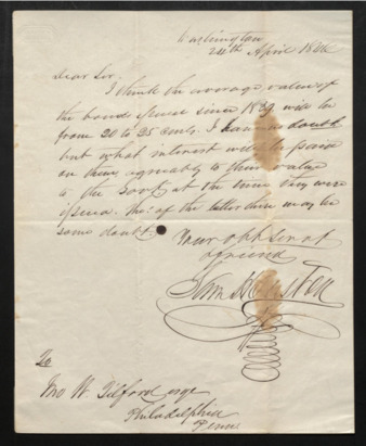Letter from Sam Houston to John W. Tilford regarding the average value of bonds issued since 1839