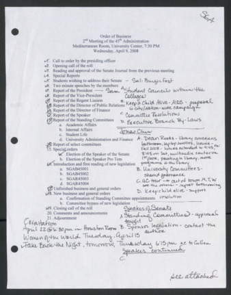 Order of Business [Agenda], 2nd Senate Meeting of the 45th Administration, April 9, 2008