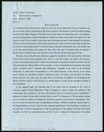 Translation of Count of Valenciana appeal to the Royal Audience of Judgments