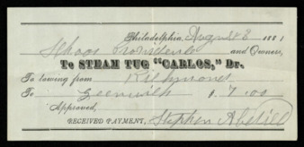 Shipping receipts for the Schooner Providence to Steam Tug "Carlos"