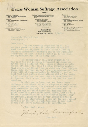 Letter from Minnie Fisher Cunningham to Edwin Y. Webb