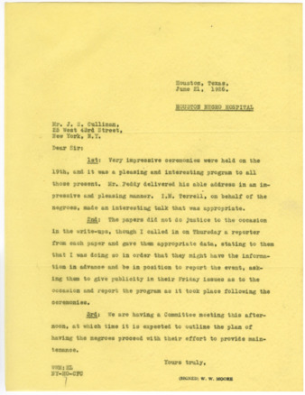 Letter from W. W. Moore to J. S. Cullinan, 1926 June 21