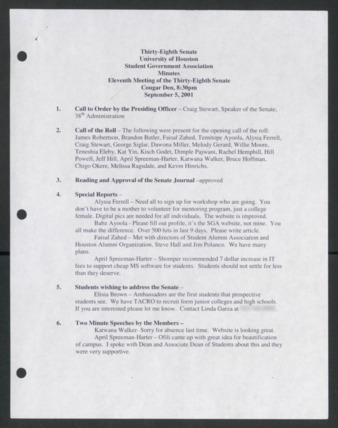 Thirty-eight Senate, University of Houston Student Government Association, Minutes, Eleventh Meeting, September 5, 2001