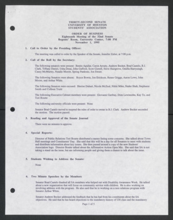 Thirty-second Senate, University of Houston, Students' Association, Order of Business [Minutes], Eighteen Meeting, November 1, 1995