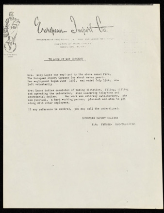 Letter of Reference, E. A. Fuesse regarding Mary F. Lopez