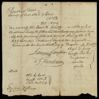 Entitled to a conditional headright of 321 acres of land [signed by James Campbell] in Gonzales County