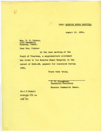 Letter from J. W. Slaughter to Mrs. W. R. Styron, 1934 August 15