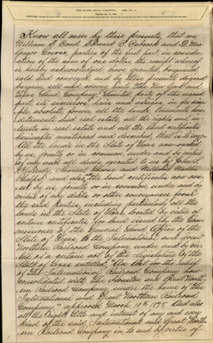 Certified copy of deeds land purchases in Matagorda County, Texas belonging to the International and Great Northern Railroad, sold to the New York & Texas Land Company