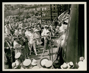 Mrs. Claud Hammill christens the new USS Houston (CL-81) during launching ceremony