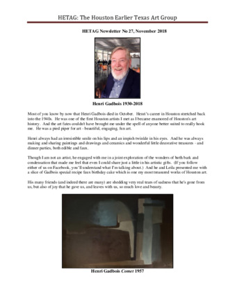 HETAG: The Houston Earlier Texas Art Group Newsletter, No. 27, November 2018