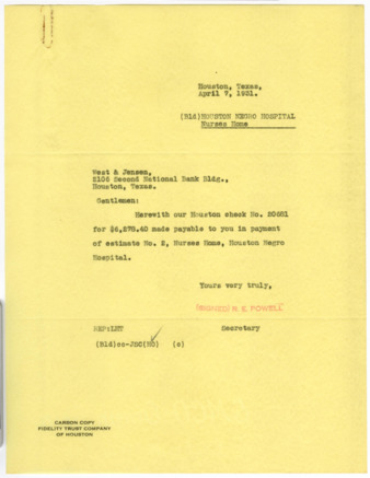 Letter from R. E. Powell to West & Jensen, 1931 April 7