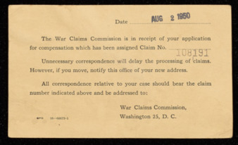 War Claims Commission Receipt, August 2, 1950