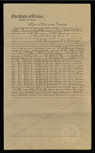 Certificate from The New York and Texas Land Company showing that the Mensing brothers now own 5,267 51/100 acres of land in exchange for $15,802.53