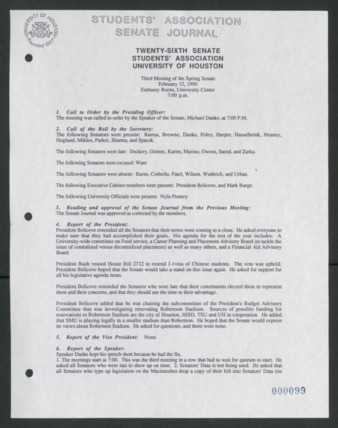 Senate Journal, Vol. 1, Twenty-sixth Senate Students' Association, University of Houston, Third Meeting, Spring Senate, Feburary 12, 1990