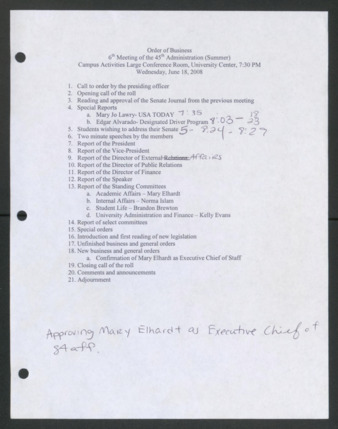 Order of Business [Agenda], 6th Meeting of the 45th Administration, June 18, 2008