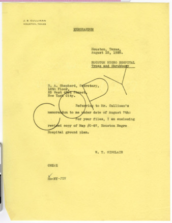 Memorandum from W. T. Sinclair to R. A. Shepherd, 1928 August 15