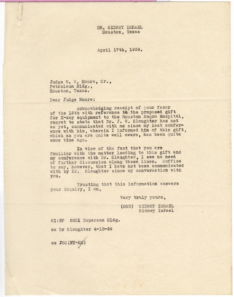 Letter from Sidney Israel to W. W. Moore, 1929 April 17