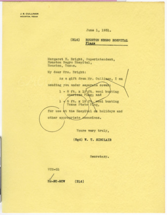 Letter from W. T. Sinclair to Margaret H. Bright, 1931 June 1