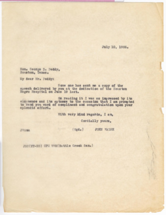 Letter from John Walsh to Hon. George D. Peddy, 1926 July 10