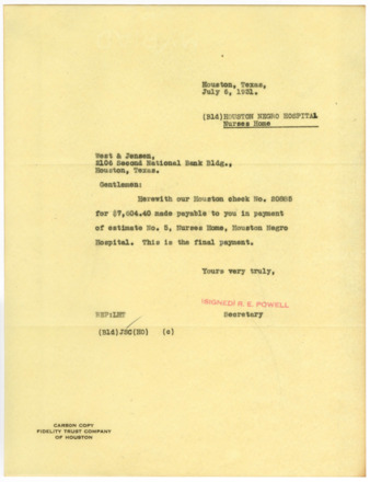 Letter from R. E. Powell to West & Jensen, 1931 July 6