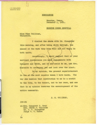Memorandum from J. S. Cullinan to Nina Cullinan, 1931 December 1