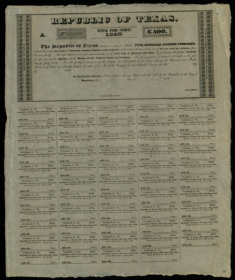 Blank Republic of Texas five-per-cent loan for £500 sterling