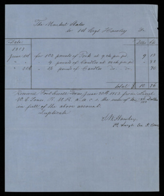 Receipt for 102 pounds of pork and 7 pounds of candles delivered to Fort Ewel