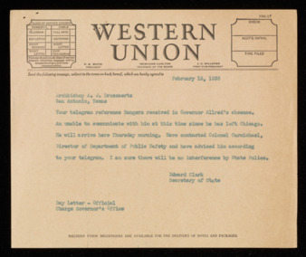 Telegram from Edward Clark to Archbishop Arthur Drossaerts, 1938 February 15