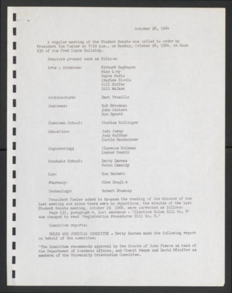 First Senate, University of Houston Student Government Association, Minutes, October 26, 1964