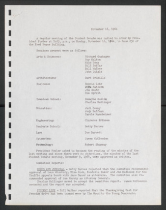 First Senate, University of Houston Student Government Association, Minutes, November 16, 1964