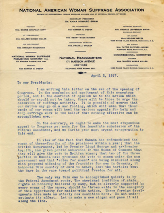 Letter from the National American Woman Suffrage Association to its Presidents, concerning the opening of congress