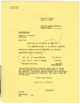 Letter from W. T. Sinclair to W. W. Moore, 1931 July 1