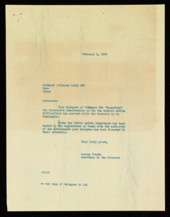 Letter from George Clarke to the Workers' Alliance Local 258, 1938 February 9