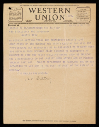 Telegram from C. W. Miller from Governor James V. Allred, 1938 February 18