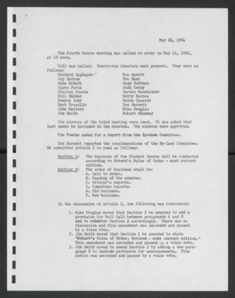 First Senate, University of Houston Student Government Association, Minutes, Fourth Meeting, May 11, 1964