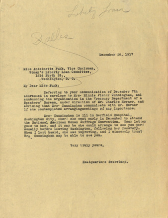 Letter from the Headquarters Secretary to Antoinette Funk