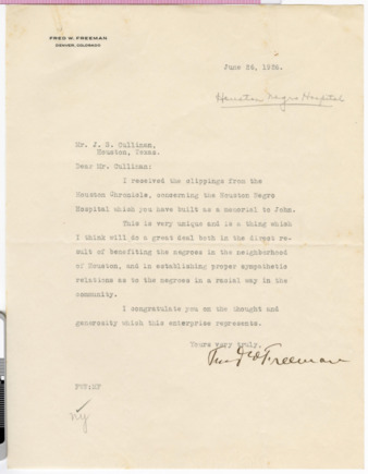 Letter from Fred W. Freeman to J. S. Cullinan, 1926 June 26