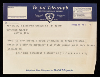Telegram from Leif Dahl to Governor James V. Allred, 1938 February 11