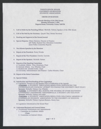 Twenty-ninth Senate, University of Houston, Students' Association, Order of Business, Fifteenth Meeting, December 7, 1992