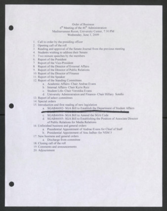 Order of Business [Agenda], 6th Meeting of the 46th Administration, June 3, 2009