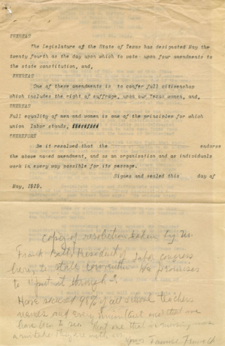 Copy of resolution taken by Mr. Frank Batt towards the State Convention