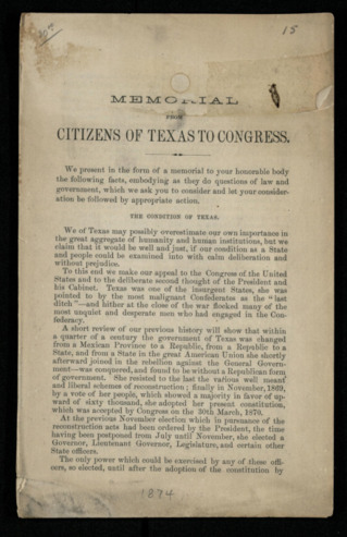 “Memorial from Citizens of Texas to Congress,” booklet containing a report from the citizens of Texas
