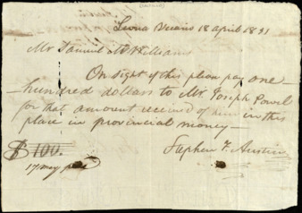 Note from Stephen F. Austin to Samuel May Williams regarding order for disbursement