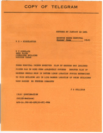 Telegram from J. S. Cullinan to W. T. Sinclair, 1931 January 13