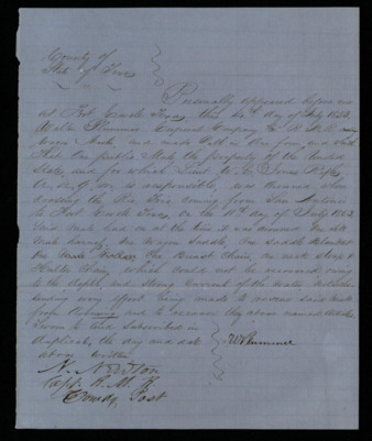 Sworn statement from Walter Plummer regarding the Frio River drowning of a mule being used to transport supplies