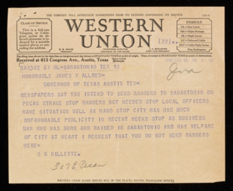 Telegram from G. G. Gillette to Governor James V. Allred, 1938 February 18