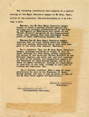 Resolutions adopted at a special meeting of the Equal Franchise League of El Paso