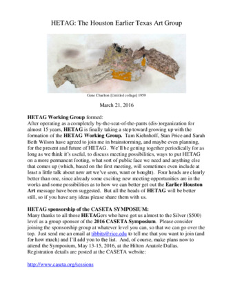 HETAG: The Houston Earlier Texas Art Group Newsletter, No. 1, March 2016